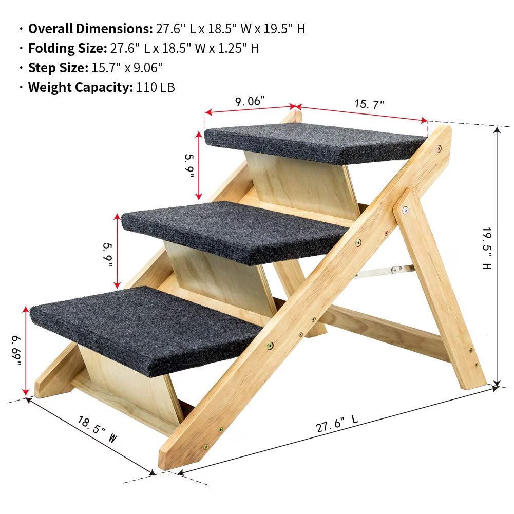 Wood Pet Stairs Pet Steps  Foldable 3 Levels Dog Stairs - Korigi store