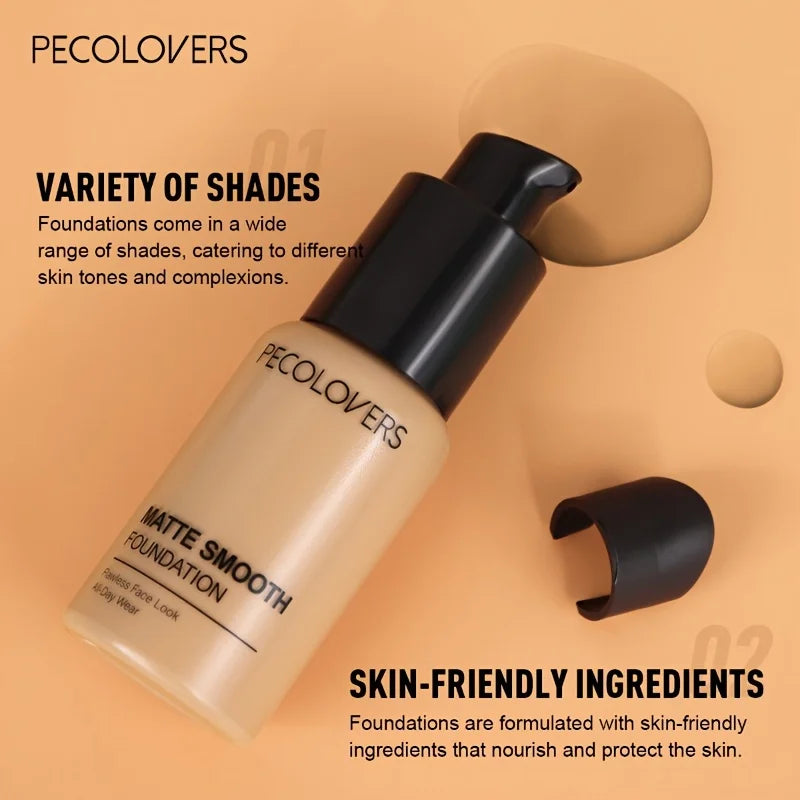 PECOLOVERS Matte Finish Liquid Foundation - Oil-Control, Waterproof, Full Coverage Concealer for All Skin Tones